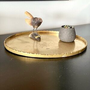 Vintage Chinese Etched Brass Oval Vanity Desk Tray Garden Scene, Scalloped Edges